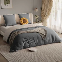 140X200 Parure de lit 4 pièces, lit double, grand lit, 1 housse de couette, 1 drap-housse et 2 taies d'oreiller,gris><noscript><img width=