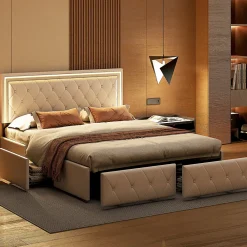 Fortuna lai 140X200MM Lit d'ameublement avec fonction de chargement USB et partie de tête LED et 4 tiroirs,sans matelas* Lit Coffre