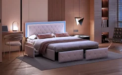 Fortuna lai 140X200MM Lit d'ameublement avec fonction de chargement USB et partie de tête LED et 4 tiroirs,sans matelas* Lit Coffre