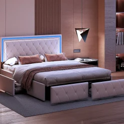 Fortuna lai 140X200MM Lit d'ameublement avec fonction de chargement USB et partie de tête LED et 4 tiroirs,sans matelas* Lit Coffre