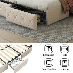 Fortuna lai 140X200MM Lit d'ameublement avec fonction de chargement USB et partie de tête LED et 4 tiroirs,sans matelas* Lit Coffre